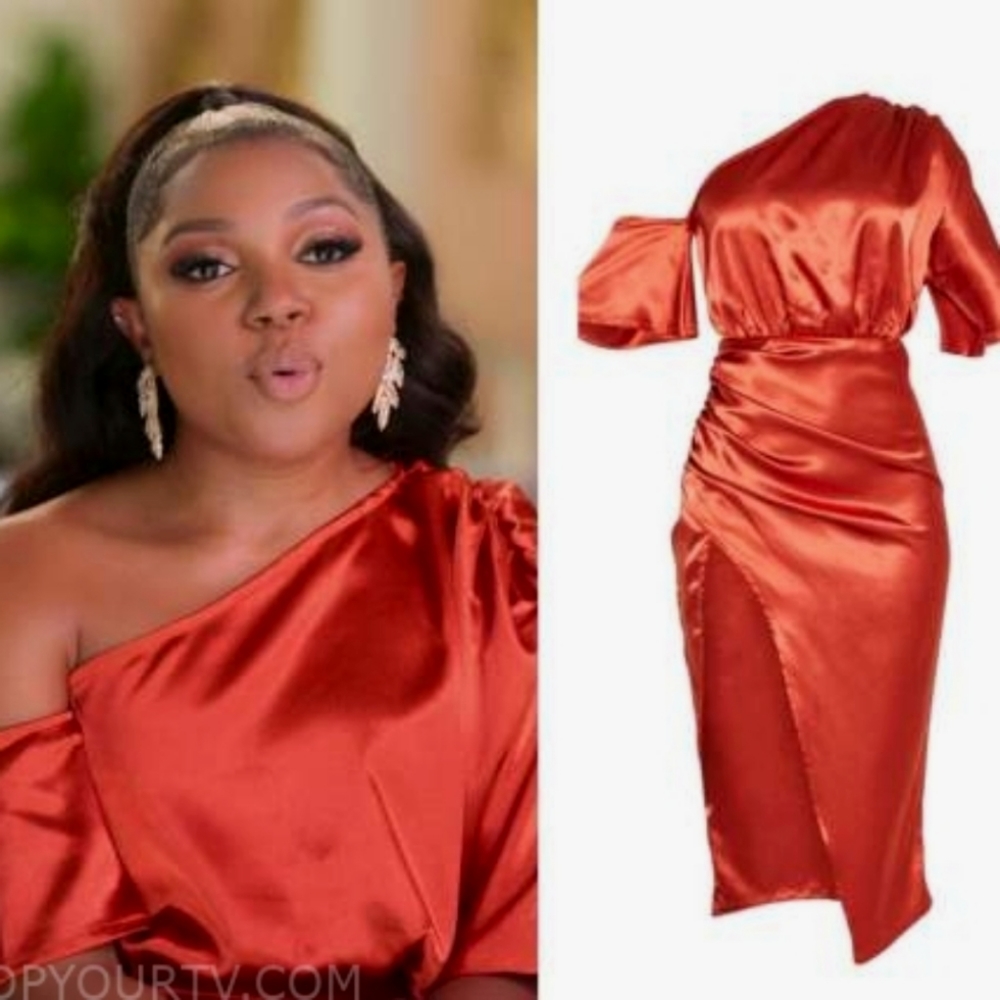 Rust Satin One Shoulder Ruched Skirt Midi Dress